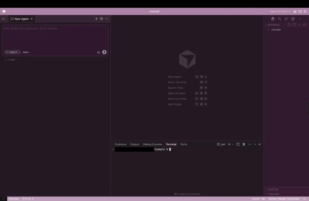 Cursor window with Auto Color's purple tint on the title bar, status bar, agent panel, and terminal
