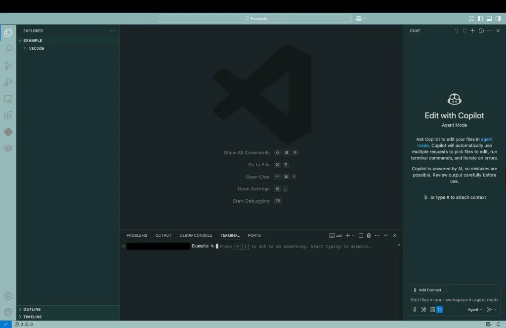 VS Code window with Auto Color's teal tint on the title bar, activity bar, status bar, sidebar, and terminal